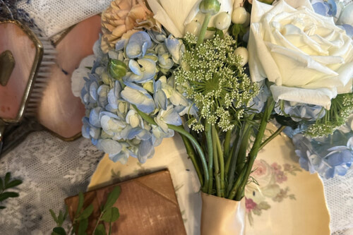 Soft Blue and Cream Wedding Bouquet with Vintage Styling