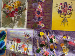 A vibrant mixed media canvas featuring a composition of real pressed flowers and botanical elements.